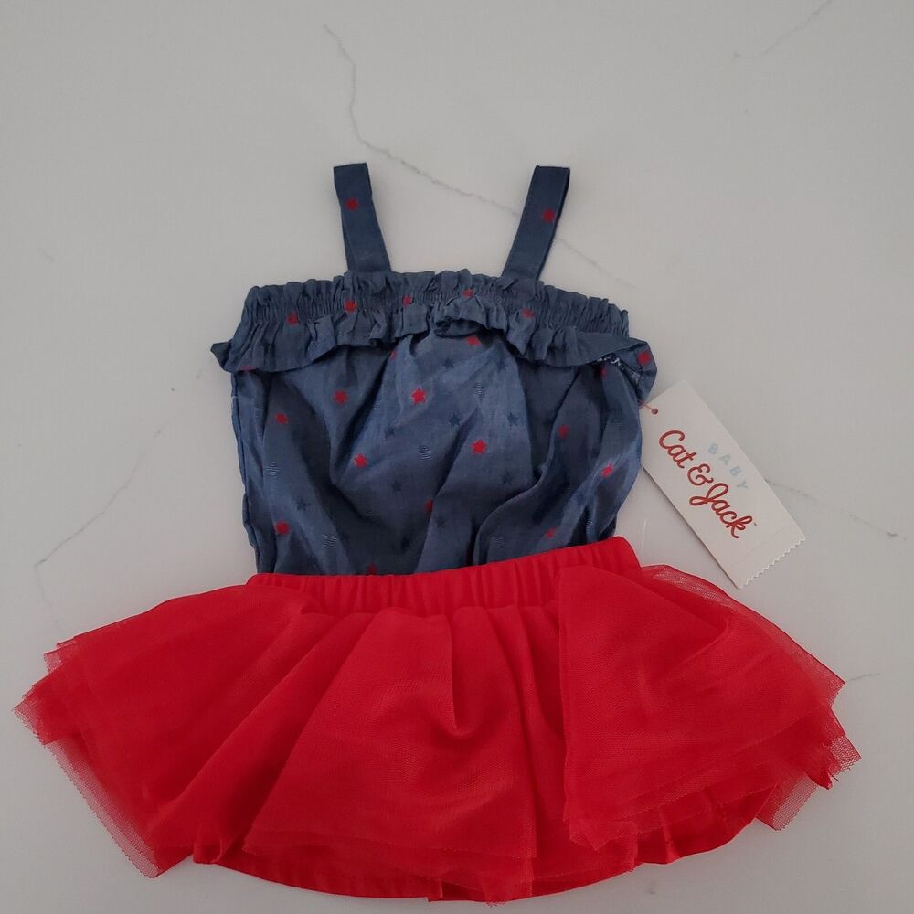 NEW Cat & Jack Newborn Girl's Bodysuit & Tutu Set 0-3M Blue Red USA Stars